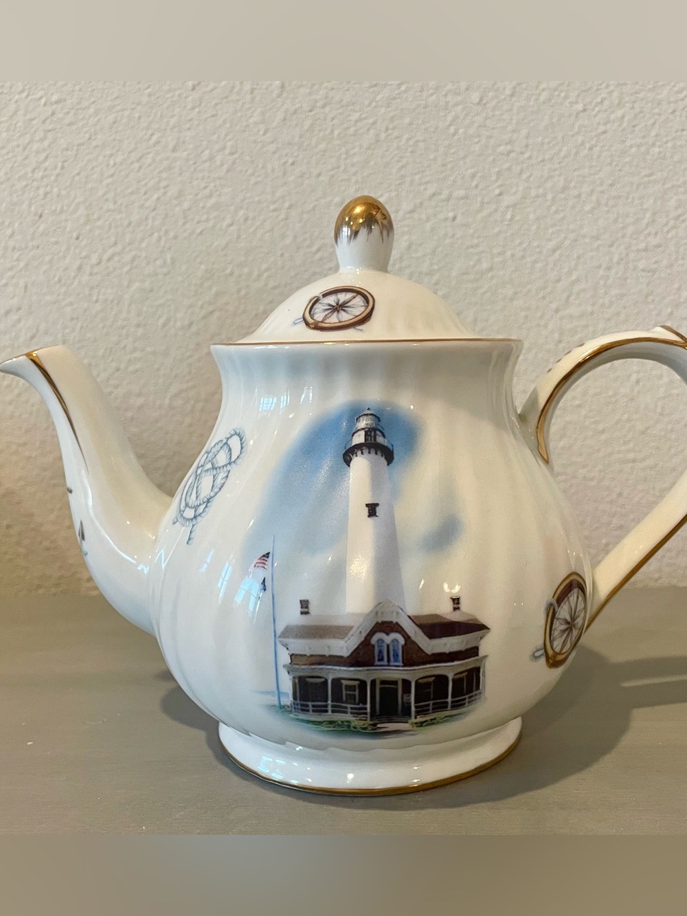 Lighthouse Nautical Porcelain Teapot with Gold Trim